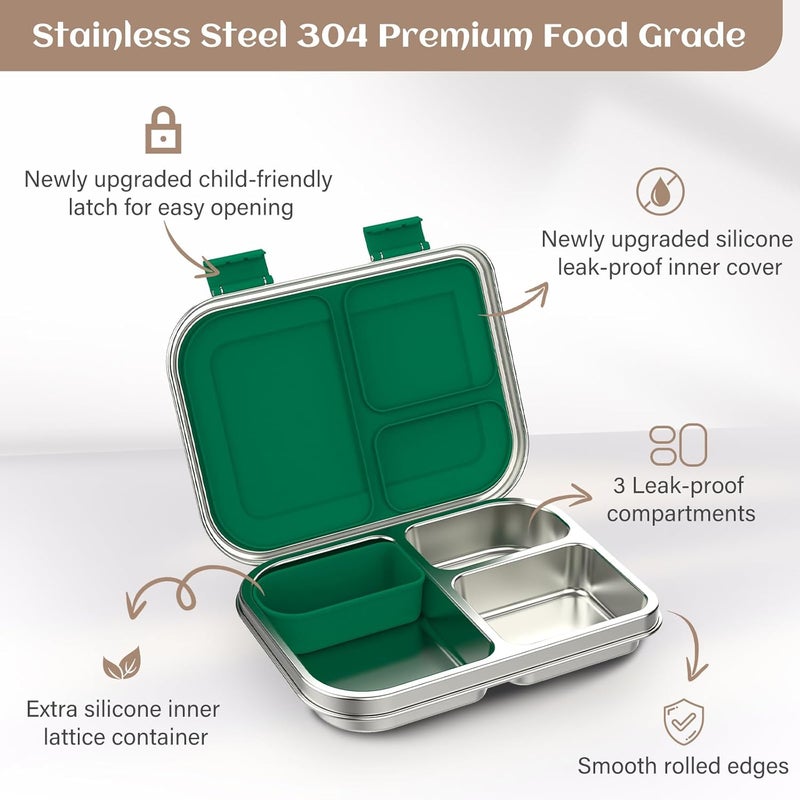 BABHAMNESS Stainless Steel Bento Box Kids, 3 Compartments Leak Proof Metal Bento Lunch Box, 304 Stainless Steel Bento Lunch Containers for School and Office,Dishwasher Safe, BPA-Free-Green - Image 3